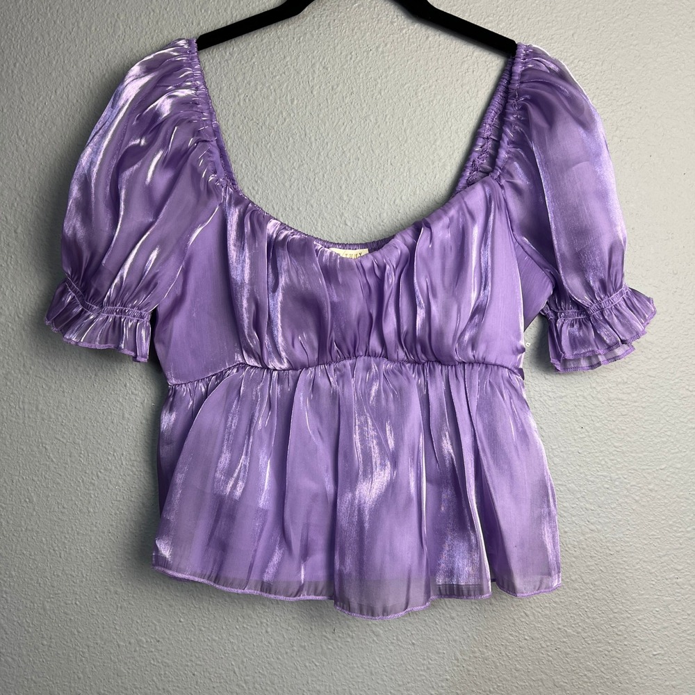 Thirty Thirty LA Purple Metallic Puff Sleeve Peplum Milkmaid Satin Top Size L